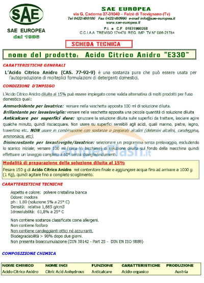 Acido citrico anidro E330 da 1 kg